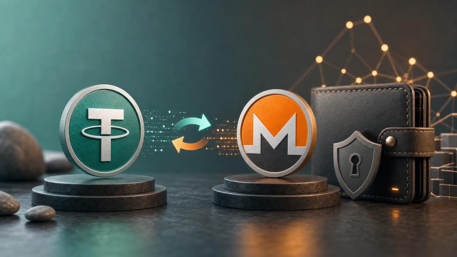 USDT being exchanged for Monero while a user checks the XMR receiving address, transaction status, and wallet balance